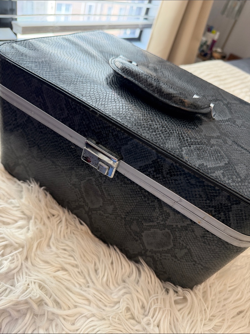 Black Faux Snakeskin Train Case
